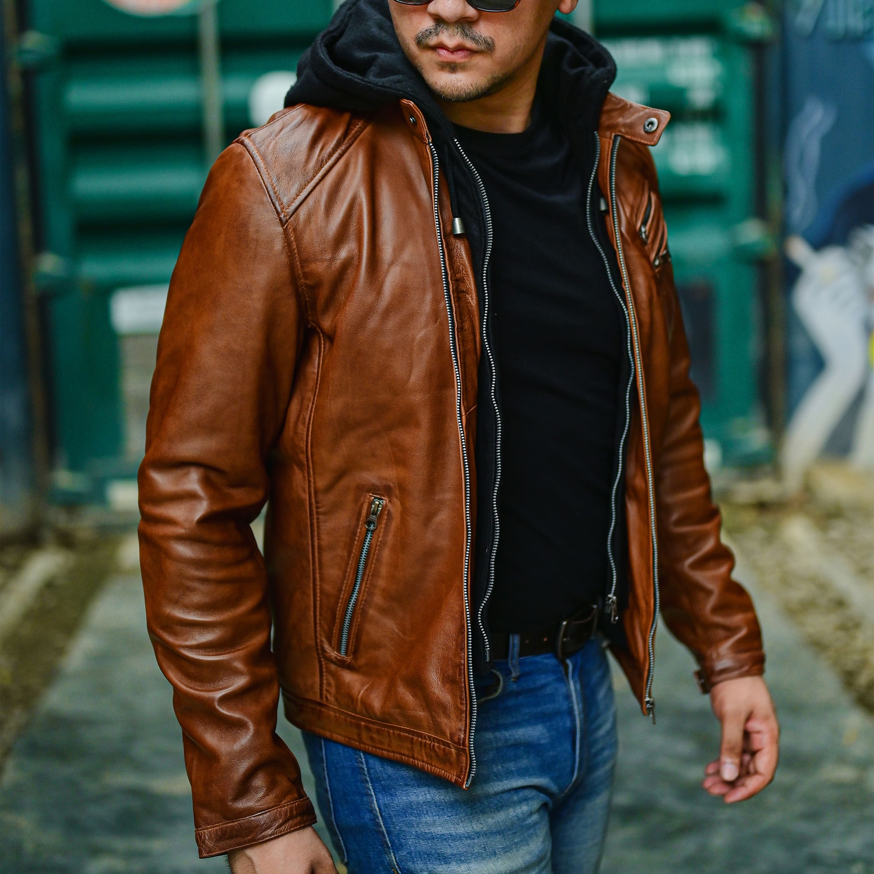 Mens Brown Casual Hooded Vintage Leather Jacket with Removable Hood